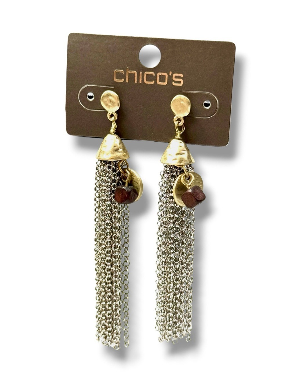 Chico's Gold Silver Tassel Earrings Wood Accent Beads